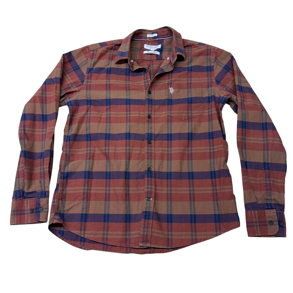 US Polo Assn Mens Plaid Button Down Shirt Tailored Fit Rust Blue USSH5934 L